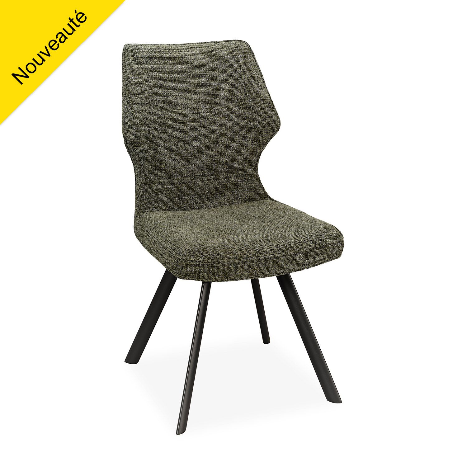 Chaise "Juliette" Assise et dossier tissu couleur VERT Bouteille N°134 Piètement fer finition époxy gris anthracite Composition tissu : 100% polyester - Hauteur assise 49cm Martindale : 40000 - résistance lumière : >4 - Densité mousse PU : 28kg/m3 Structure : Tube fer et coque contreplaqué Livrée démontée - Emballée par 2 L.: 47 - H.: 91 - P.: 62,5 - 8,6 Kgs