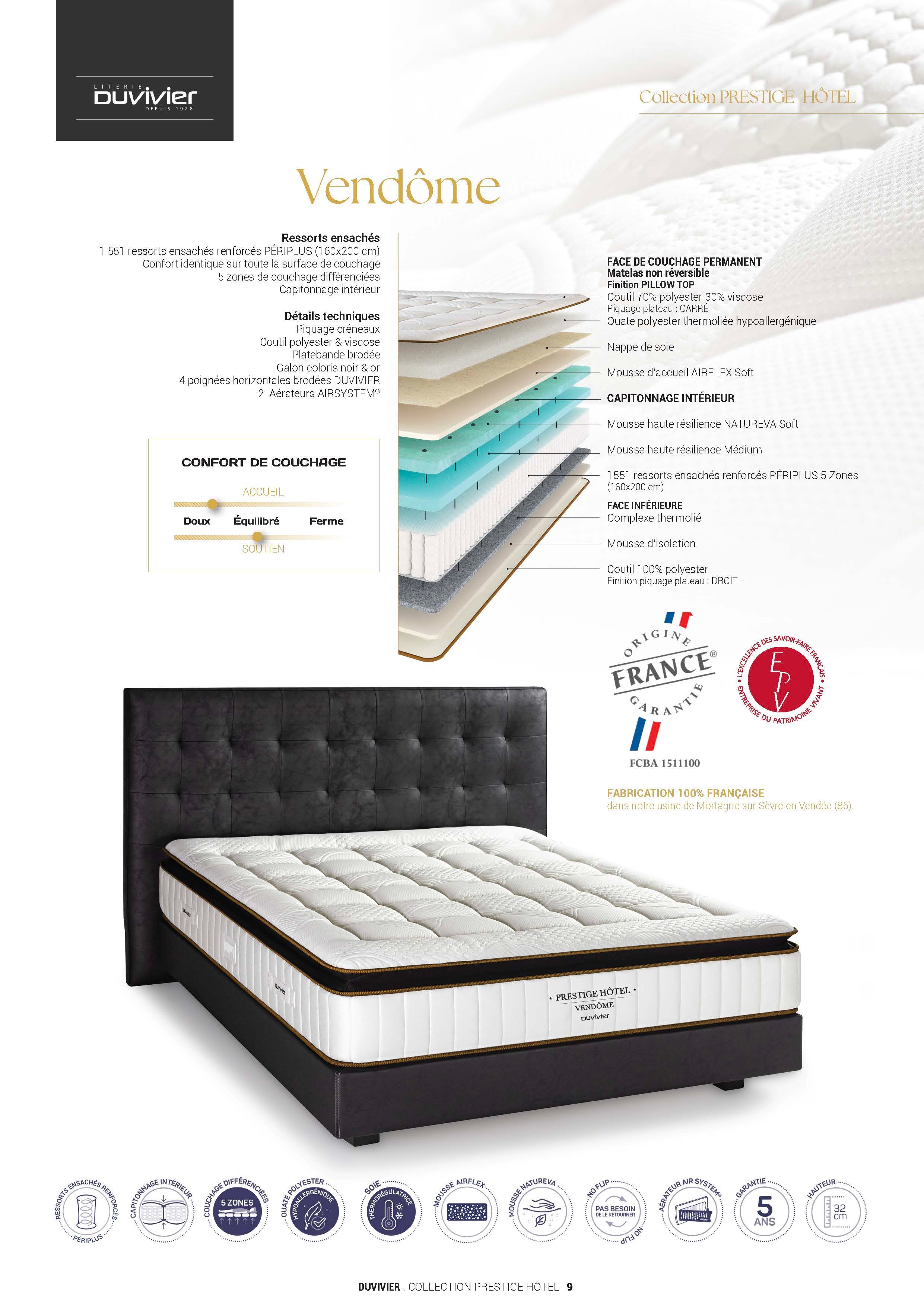 Literie Duvivier_Collection PRESTIGE HÔTEL_Fiche technique_Vendôme